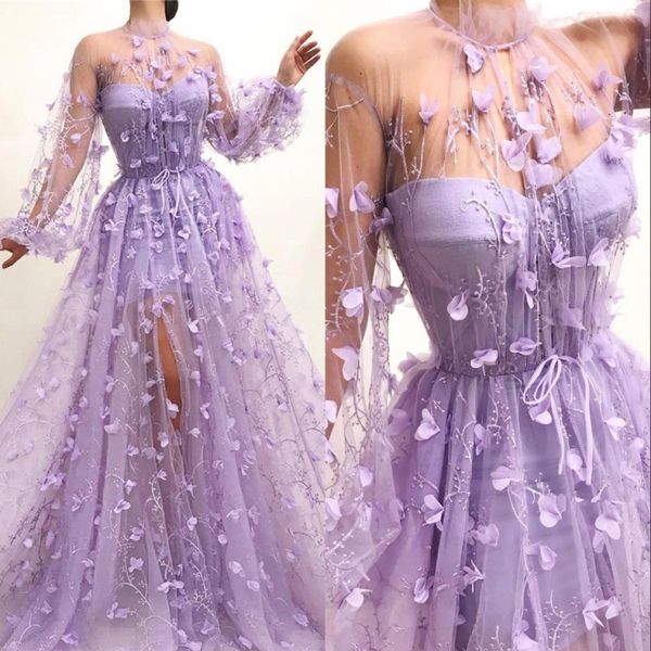 

lilac flare long sleeves lace prom dresses 2020 high neck ruched split formal party evening gowns robes de soirÃ©e, Black