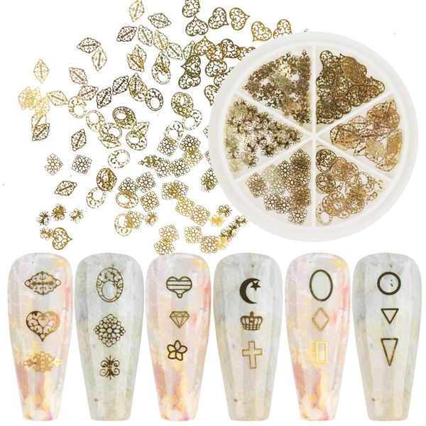 

3d nail decoration wheel golden flower geometry slice metal charm sticker hollow design diy manicure nail accessories ch158, Silver;gold