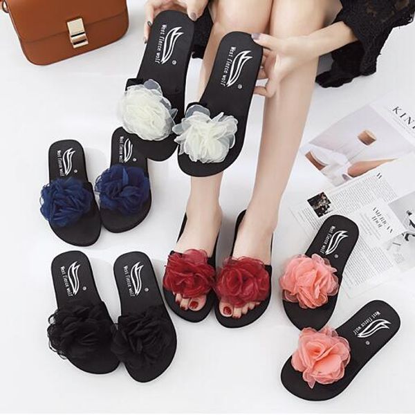 

flower decoration woman flipflops floral designer slippers woman beach sandals girls slides fashion 5 color flipflops pink shoes, Black