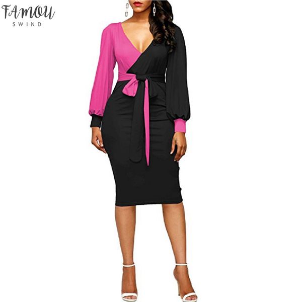 

women dress new long puff sleeve bodycon elegant office pencil dress spring knee length patchwork party dresses vestidos, Black;gray