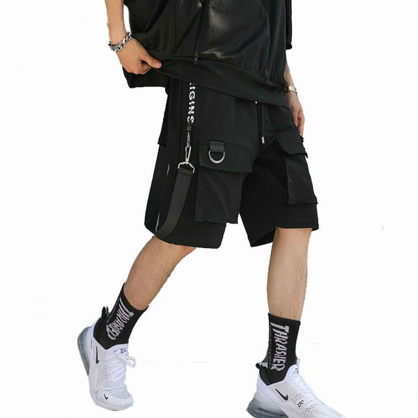 

streetwear men hip hop short joggers streetwear harajuku cargo shorts ribbons pockets summer black tatical baggy short, White;black