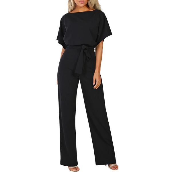 

rompers jumpsuit overalls for women elegant office style short sleeve loose straight long leg sashes kombinezony vestido femme, Black;white