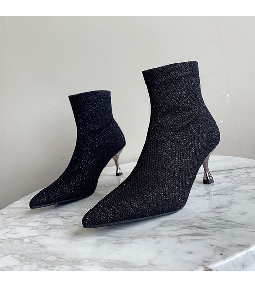 

glitter women ankle boots high heel woman boots metal spool heel dressing shoes for parties slip on lycra fashion ladies pumps 694, Black