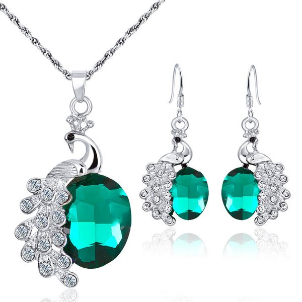 

modyle crystal peacock jewelry sets bride wedding necklace earring set rhinestone silver color round pendant women accessories