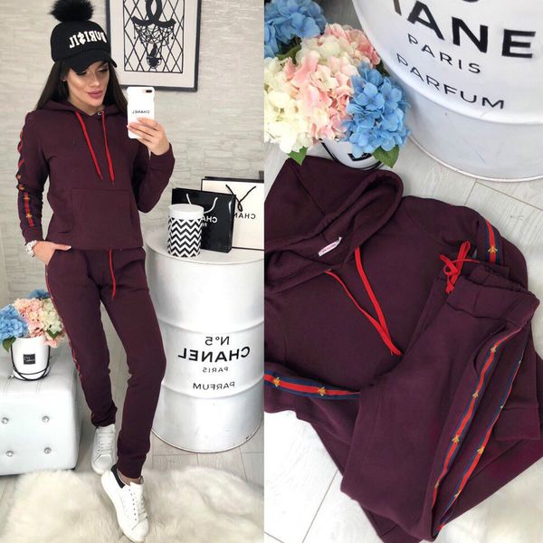 

2019 fashion women two piece set autumn hoodie bees tracksuit ribbon pants sweatshirts striped panelled woman sport suit