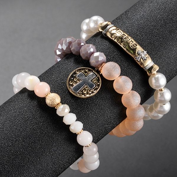 

fashion 3pcs/set cross acrylic pearl beads charm bracelet set for women handmade elastic faceted glass pendent bohemian jewelry, Golden;silver