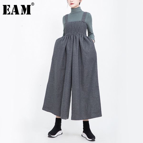 

eam] women loose fit gray long wide leg woolen jumpsuit new high waist pocket stitch pants fashion spring autumn 2019 1k183, Black;white