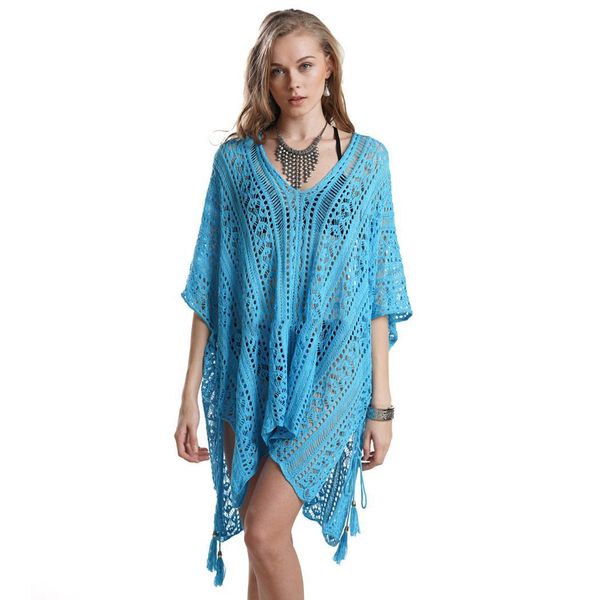 

new fashion women beach hollow out floral bikini knitted, out, loose cover v-neck 3/4 sleeve long tassel up, Blue;gray