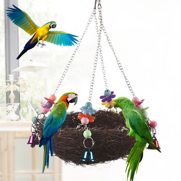 

natural rattan bird swing nest toy with bells brown cage perch stand for parrot chew toy budgie parakeet cockatiel birds