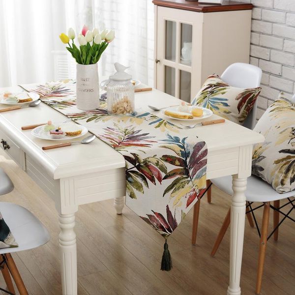 

мода современный стол runner красочные листья нейлона jacquard runner скатерть с кисточки печатный стол runner подушка обложка y200421