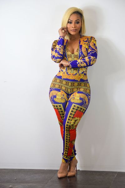 

Plus Size Women Designer Jumpsuits One Piece Suits Printed Skinny Fit V-neck Sexy Long Sleeved Clothing