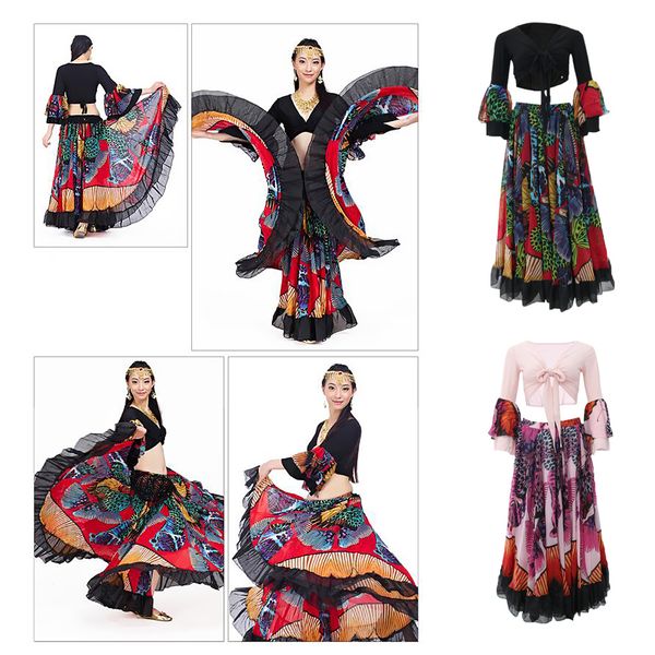 

belly dance costume set for women chiffon and butterfly print maxi skirt, Black;red