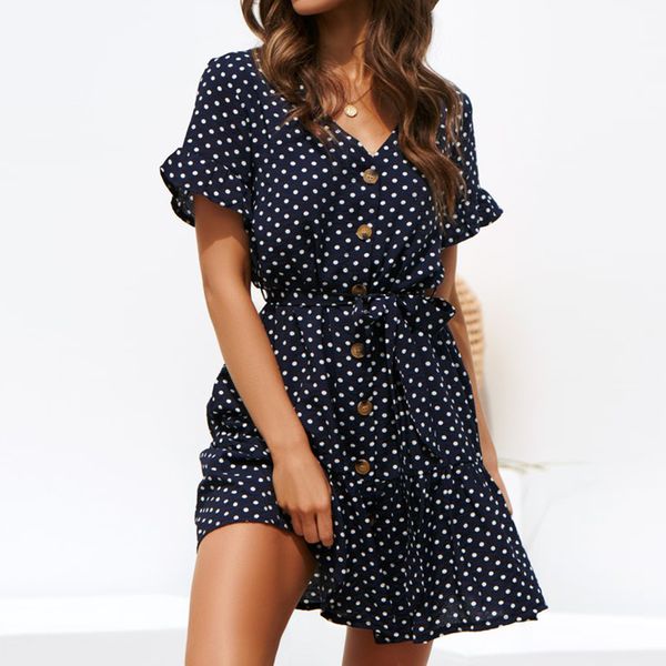 

summer chiffon dress polka dot boho beach dress vintage ruffles short sleeve a-line party mini dress sundress vestidos plus size, Black;gray