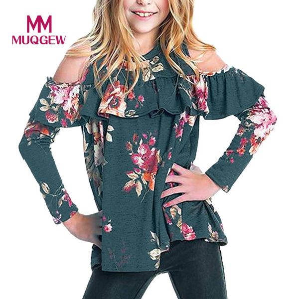 

muqgew new fashion toddler kids baby girls long sleeve floral t-shirt off sholder ruffles t-shirt casual children clothes 6y-14y, Blue