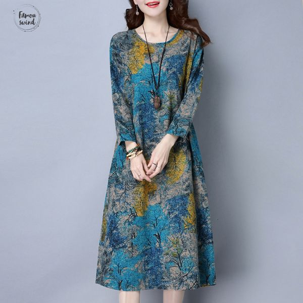 

autumn cotton linen dress women loose plus size print long sleeves pocket slim plus size dress autumn female clothing vestidos, Black;gray