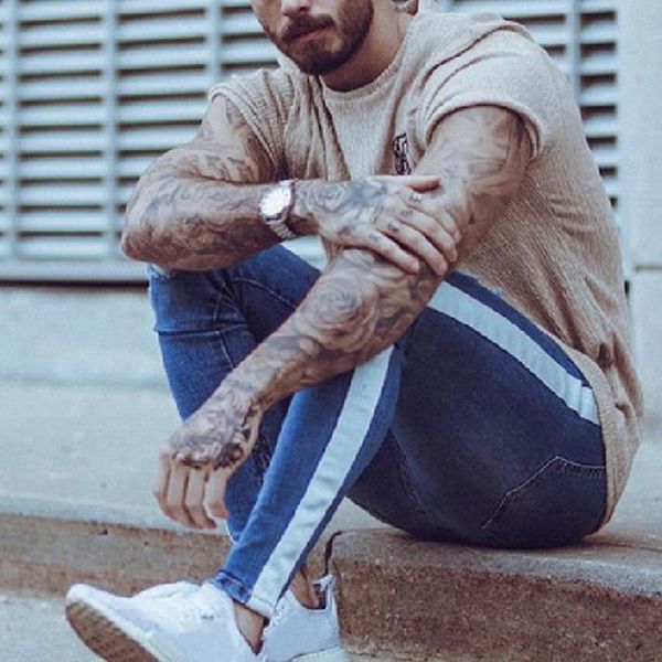 

nibesser men skinny jeans hip hop stripe elastic stretchy pencil bottoms slim denim pants knee ripped holes jeans street, Blue