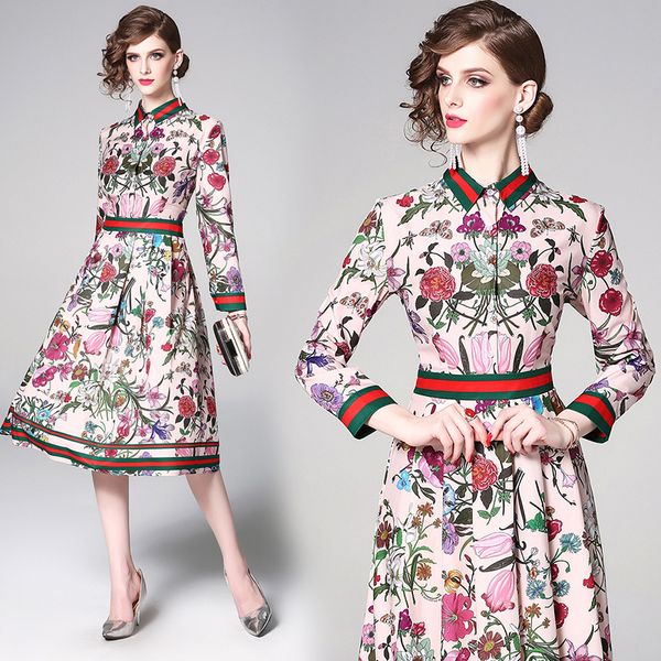 

2019 pring ummer fall runway luxury floral print collar long leeve empire wai t women ladie ca ual party a line midi dre, Black;gray