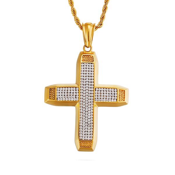 

men's hip hop cross pendants necklace 316l stainless steel full cubic zirconia setting 18k gold plated jewelry, Silver