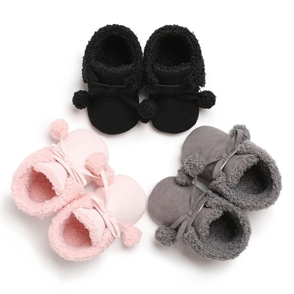 

newborn baby girl boy solid color soft booties pompom hair ball bandage snow boots toddler girls winter warm lamb cashmere shoes