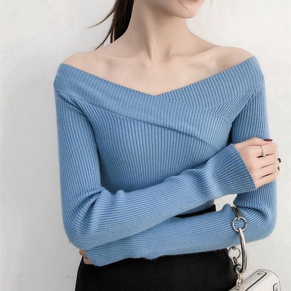 

fashion 2019 fall winter women knitted sweaters criss-cross slash neck pullovers ladies long sleeve bottoming jumper, White;black