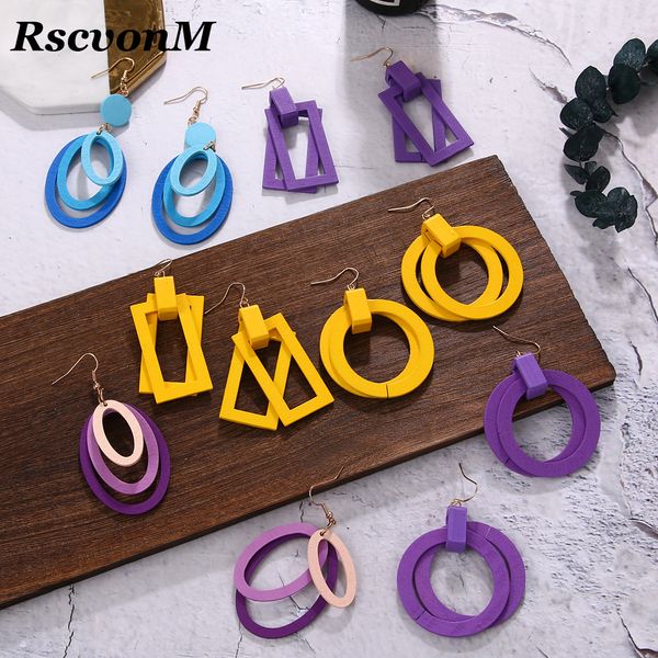 

rscvonm korea colorful ethnic long dangle earrings wooden geometric circle square drop earrings for women girl beach jewelry, Silver