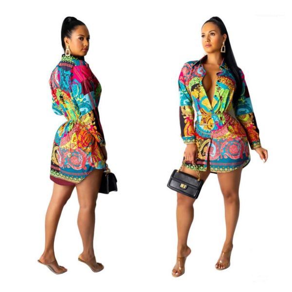 

shirt dresses females clothes colorful print womens casual dresses fashion single breasted long sleeve womens designer, Black;gray