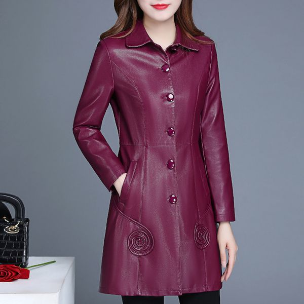 

женская бордовая черная кожаная куртка из искусственной кожи с длинным плащом негабаритных пальто плюс размер 4xl 5xl 6xl, Black