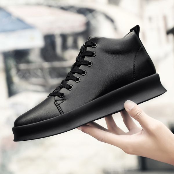 

all black men's leather casual shoes increase simple pure black sneakers fashion breathable sneakers fashion flats
