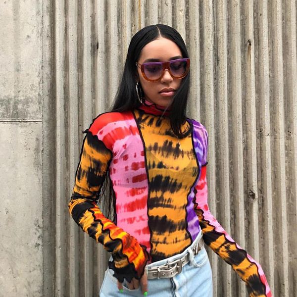 

women's t-shirt fashion mesh colorful print ruffle womens basic t-shirts2021autumn thin slim street casual tee shirts mujer, White