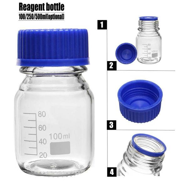 

1pcs glass reagent bottle with blue screw cover cap 100ml graduation sample vials plastic lid school supplies lab equipments