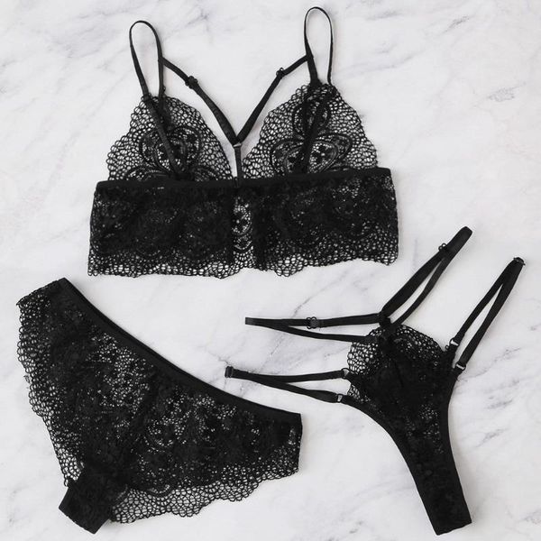 

3pcs women's lingerie lace thong g-string underwear bra set babydoll nightwear women sleepwear set corset push up bra #w, Black;red