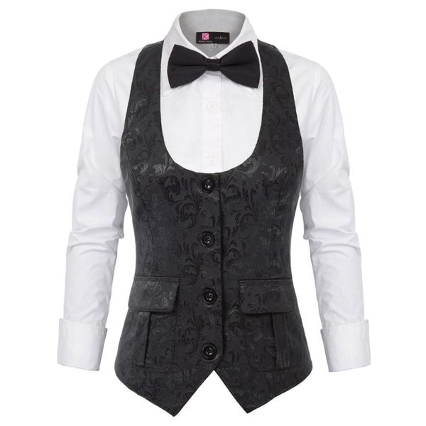 

kate kasin women jacquard vest coat waistcoat race-back u-neck handkerchief hem elegant retro slim fit coat cropped length new, Black;white