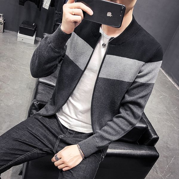 

sweater coat men autumn and winter new warm slim fashion contrast color stitching casual trend street long sleeve bomber jacket, White;black