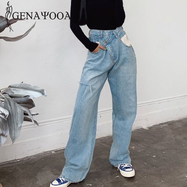 

genayooa ripped мама джинсов для женщин высокой талии streetwear boyfriend jeans женщины patckwork нерегулярных свободного wide leg синего, Blue