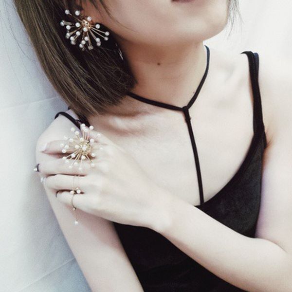 

exaggerated big-name temperament pearl korean cold style ring, Golden;silver