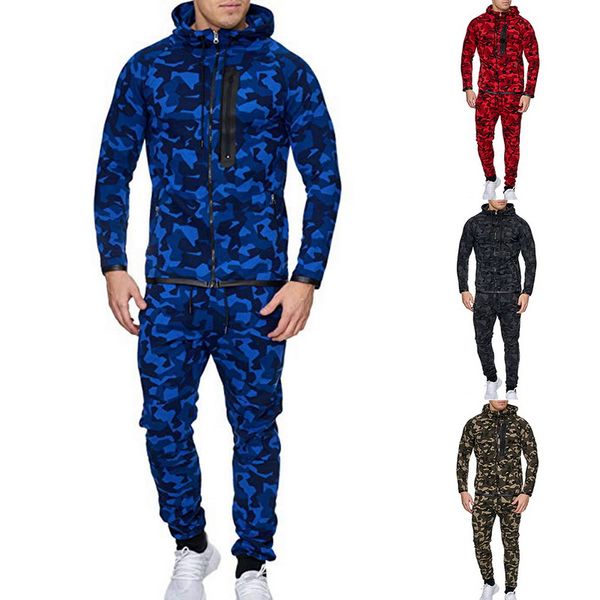 

2 pieces sport tracksuit men camouflage print ropa hombre set zipper pocket hoodies jackets + pencil jogging homme, Gray