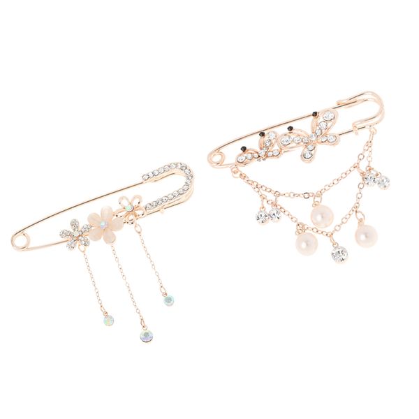

2pcs safety pin glitter rhinestone butterfly flower brooch pin with tassel, Gray