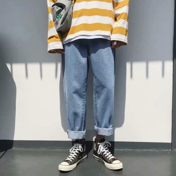 

wholesale 2019 summer korean men's jeans cotton trousers straight pants youth popular middle waist teenagers cowboy jeans homme, Blue