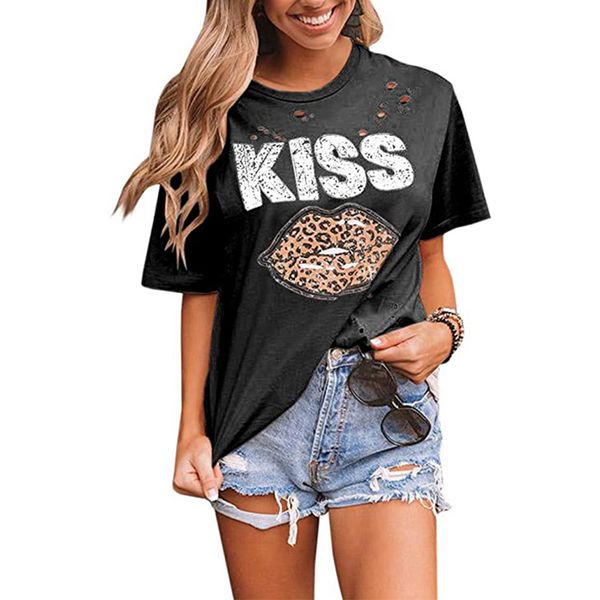 T-Shirt Kuss Leopard Lip Print Women T-Shirt Oneck Kurzarm Hallow aus Harajuku T-Shirt Sommer Frau Mütterschaft Tops ljja4088