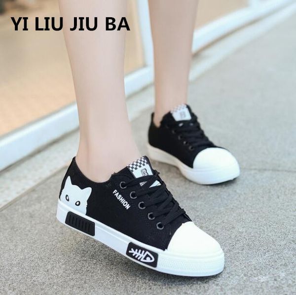 

2019 classic women flats shoes spring summer breathable canvas lace up cute cat ladies casual slip-on walking shoes women **223, Black