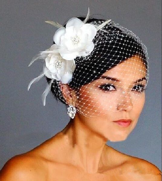 2020 Birdcage Veils White Flowers Feather Birdcage Veil Bridal