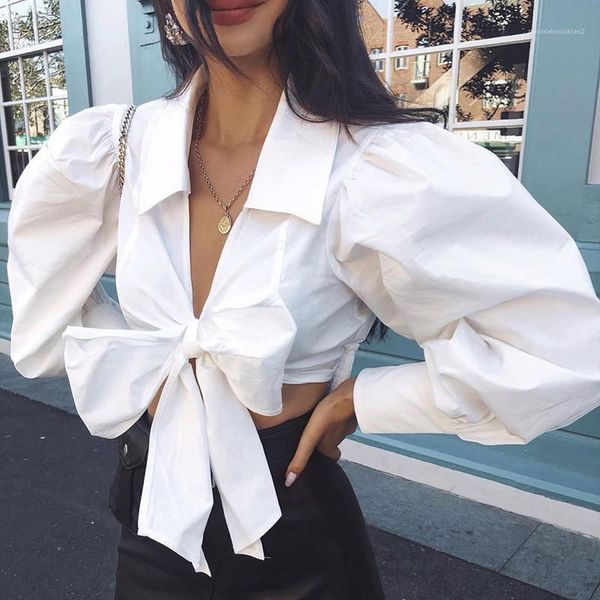 

women designer shirts fashion solid color lantern sleeve crop shirts with bow tie womens v neck blouse lace up, White