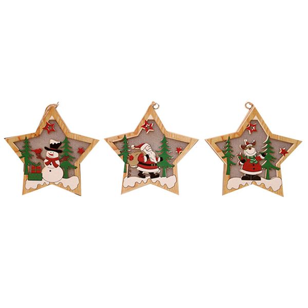 

3pcs pentagram christmas decor wooden hanging lamp ornament elk snowman led light santa claus deer cart luminous lamp