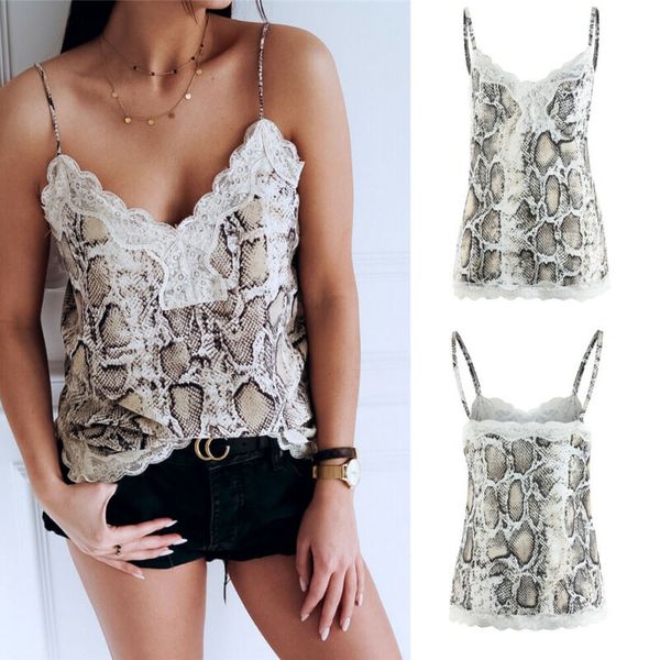 

women lace snake skin print sling vest loose cami tank camisole shirt, White
