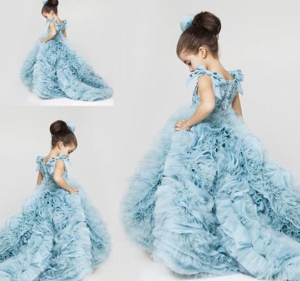 2019 New Pretty Flower Girls Dresses Ruched Tiered Ice Blue Puffy
