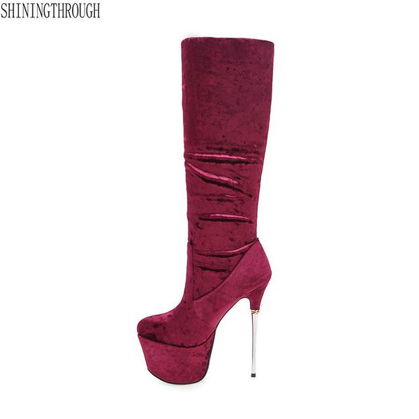 

women boots model dance nightclub boots 16cm extreme high heel metal heels platform flock mid-calf thigh high size 42 43, Black