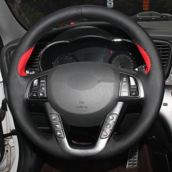 

red black leather hand sewing car steering wheel cover for kia k5 2011 2012 2013