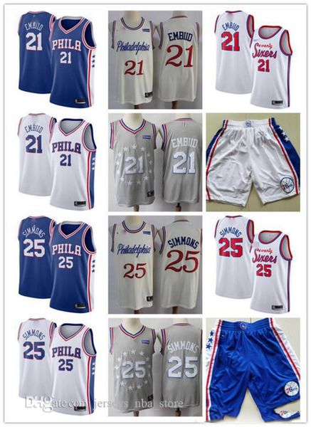 

mens philadelphia 76ers 21 joel embiid 25 ben simmons basketball jersey basketball shorts, Black;red
