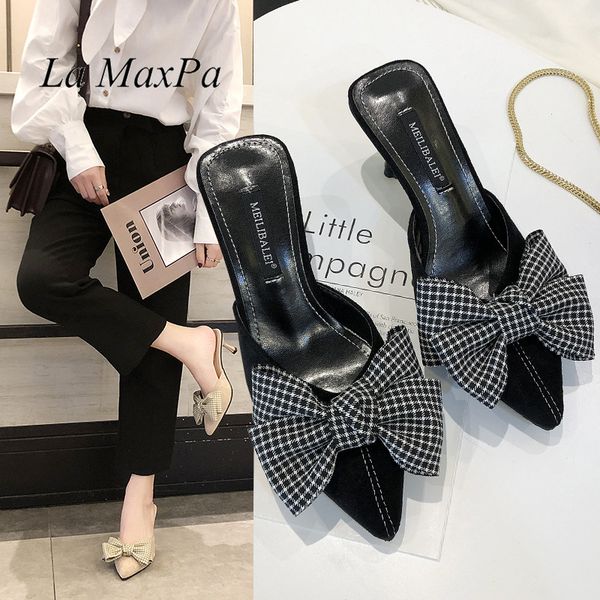 

2019 spring and summer women's shoes korea pointed toe bow tie slippers high heels outside slides flip flops, Black