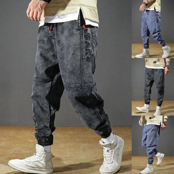 

men's casual fashion patchwork loose plus size elastic waist haren jeans pants 2019 support wholesale dropshipping, Black